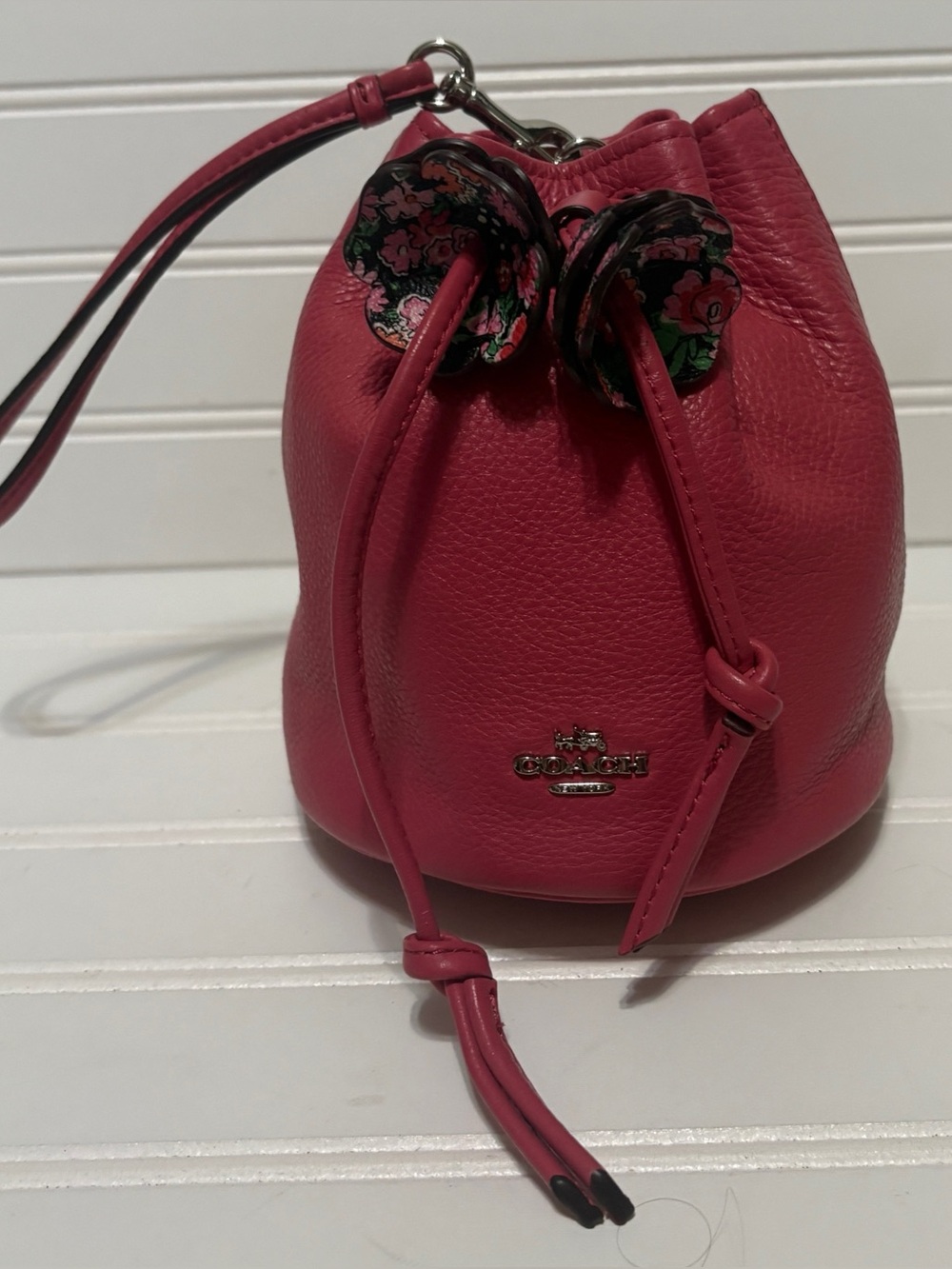 COACH Pink Pebbled Leather Wristlet Drawstring Bag Tote With Floral Charm F56581